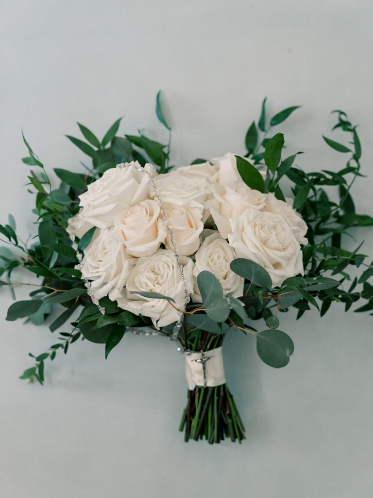 White rose and greenery bridal bouquet, Bella Giornata wedding Byron Center Michigan