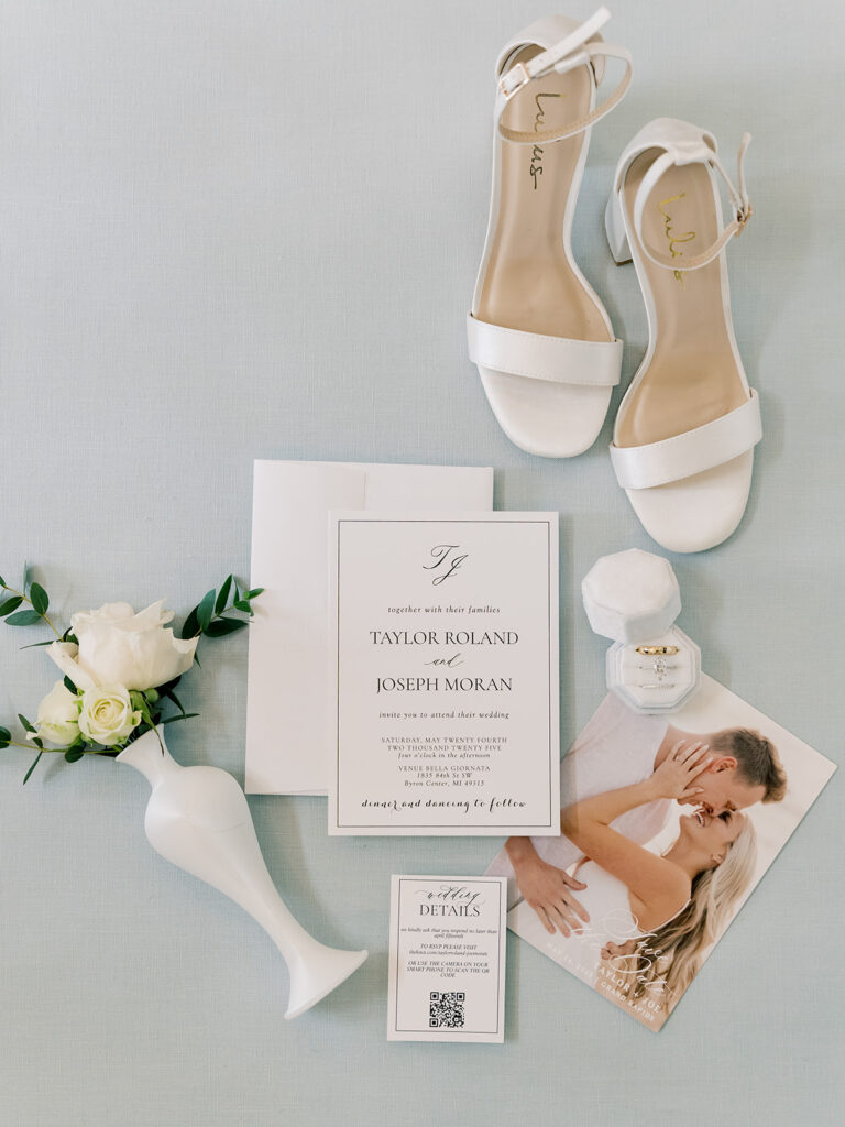 White and blue wedding invitation suite with ivory roses, Bella Giornata wedding in Byron Center, MI