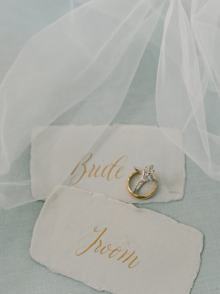 Wedding rings on gold calligraphy bride and groom cards, Bella Giornata wedding