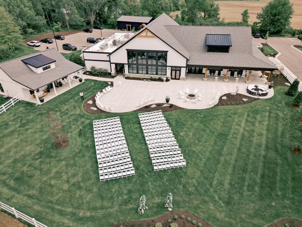 Aerial view of Venue Bella Giornata outdoor ceremony lawn in Byron Center, Michigan